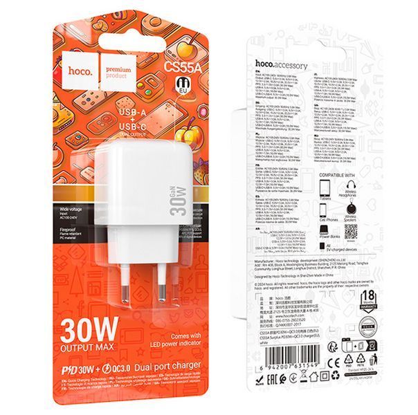 Зарядное устройство Hoco CS55A 30W с Type-C и USB для быстрой зарядки White 7_02839 фото