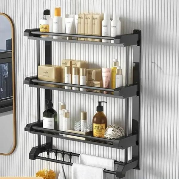 Стильная полка для ванной 4 яруса с вешалкой для полотенец 58x55x14 см Black 3_07095 фото