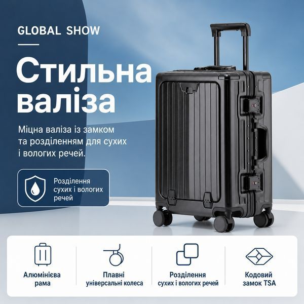 Валіза TSA-20 алюмінієва рамка USB порт 20 дюймів Black 3_08534 фото