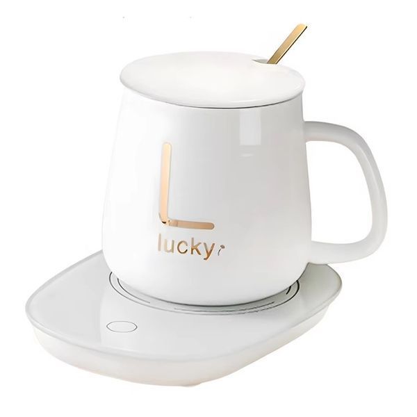 Керамическая чашка Lucky с подогревом и ложкой 380 мл белая 3_05627 фото