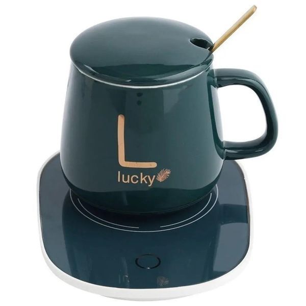 Чашка с подогревом Lucky керамическая с крышкой и ложкой 380ml Green 3_08248 фото