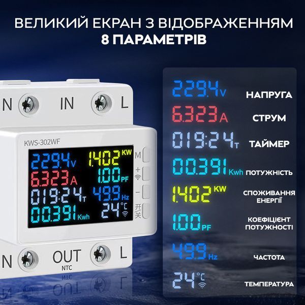 Электронный счетчик энергии KWS-302WF Wi-Fi 63A с дисплеем 8 показателей White 3_06040 фото
