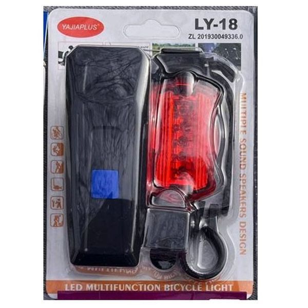 Велосипедный аккумуляторный фонарь LY-18 (передний и задний) 1xLED 5xLED AAA с велозвонком Black-Blue 7_00951 фото
