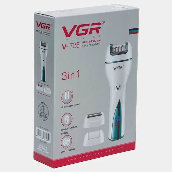 Эпилятор VGR V-728 3в1 с аккумулятором и пемзой 600mAh Зеленый-Белый 3_06256 фото