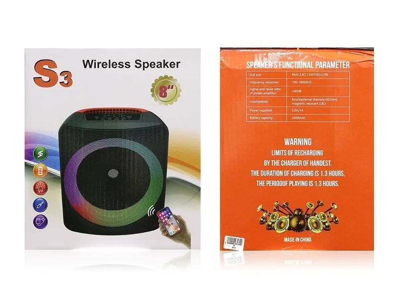 Портативна Bluetooth колонка S3 8" RGB 2400 mAh 15W Black 3_05113 фото