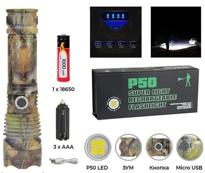 Фонарик ручной Police WD263 P50 LED Zoom 1x18650 microUSB камуфляж 7_01517 фото