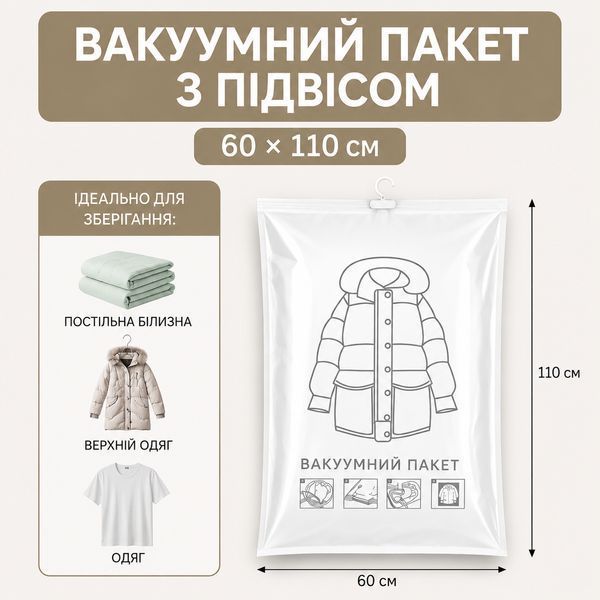 Вакуумний пакет з підвісом для одягу 60&times;110 см Transparent 3_08358 фото