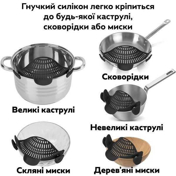 Универсальный сливник для кастрюли VPR-13 из силикона удобный Black 3_07203 фото