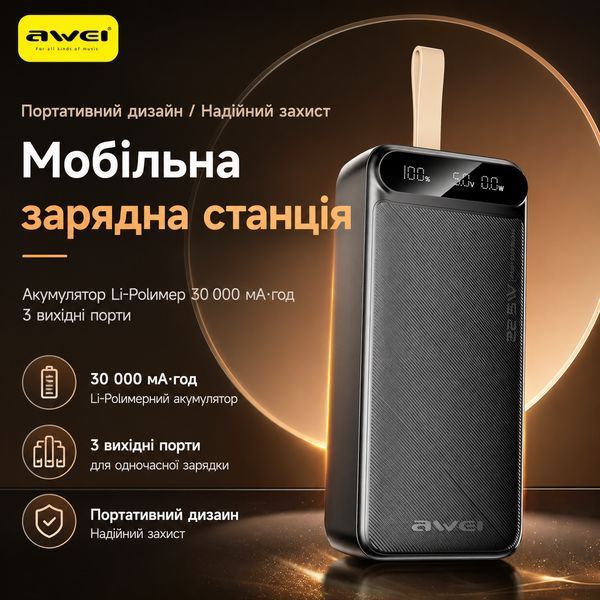 Зовнішній акумулятор Awei PA-12 30000mAh з LED-дисплеєм Black 3_08263 фото