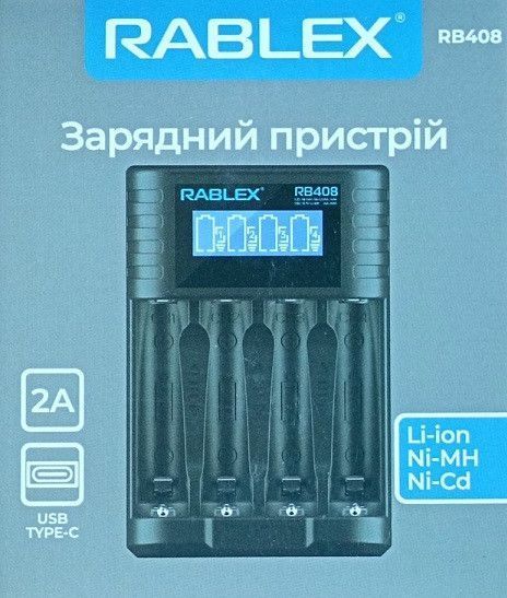 Зарядний пристрій Rablex RB408 для 4 акумуляторів Li-Ion з екраном Type-C Чорний 7_01682 фото