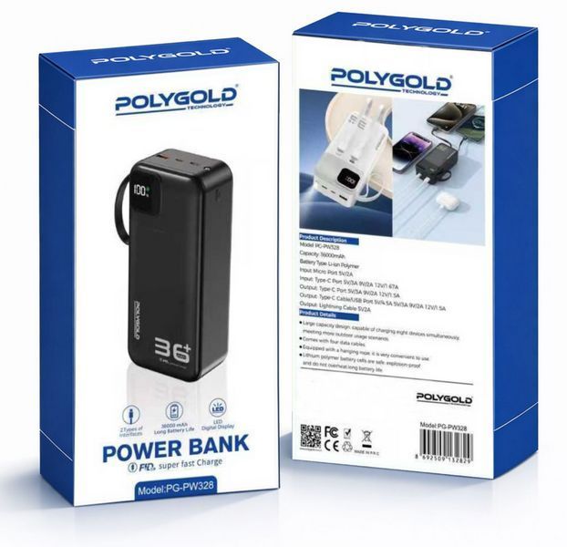 Повербанк Polygold PG-PW328 LED дисплей 36000 mAh 22.5W Black 7_03188 фото