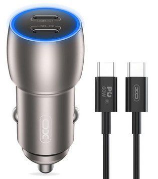 Зарядний пристрій для авто XO CC51 40W 2xUSB-C з кабелем Silver 3_07923 фото