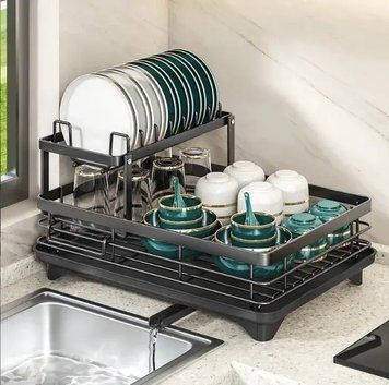 Сушилка для посуды двухуровневая с поддоном стальная 42x30x17 см Black 3_08109 фото