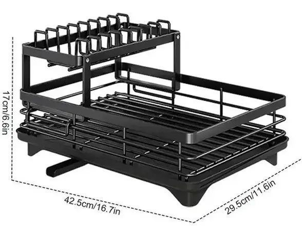 Сушилка для посуды двухуровневая с поддоном стальная 42x30x17 см Black 3_08109 фото