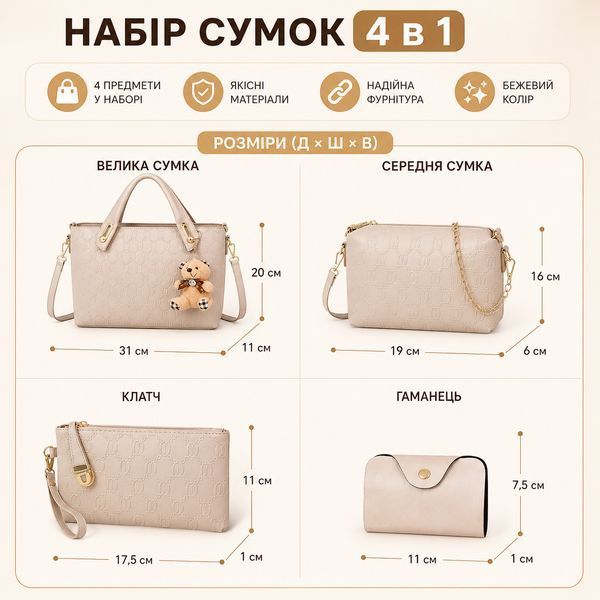 Жіночий набір сумок RIAS з брелоком 4в1 Beige 3_08384 фото